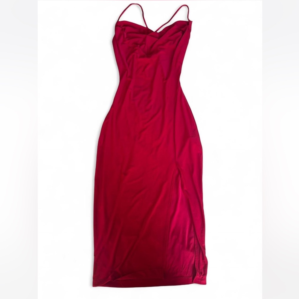 Windsor Cowl Neck Midi Dress with Crisscross back Straps and Leg Slit